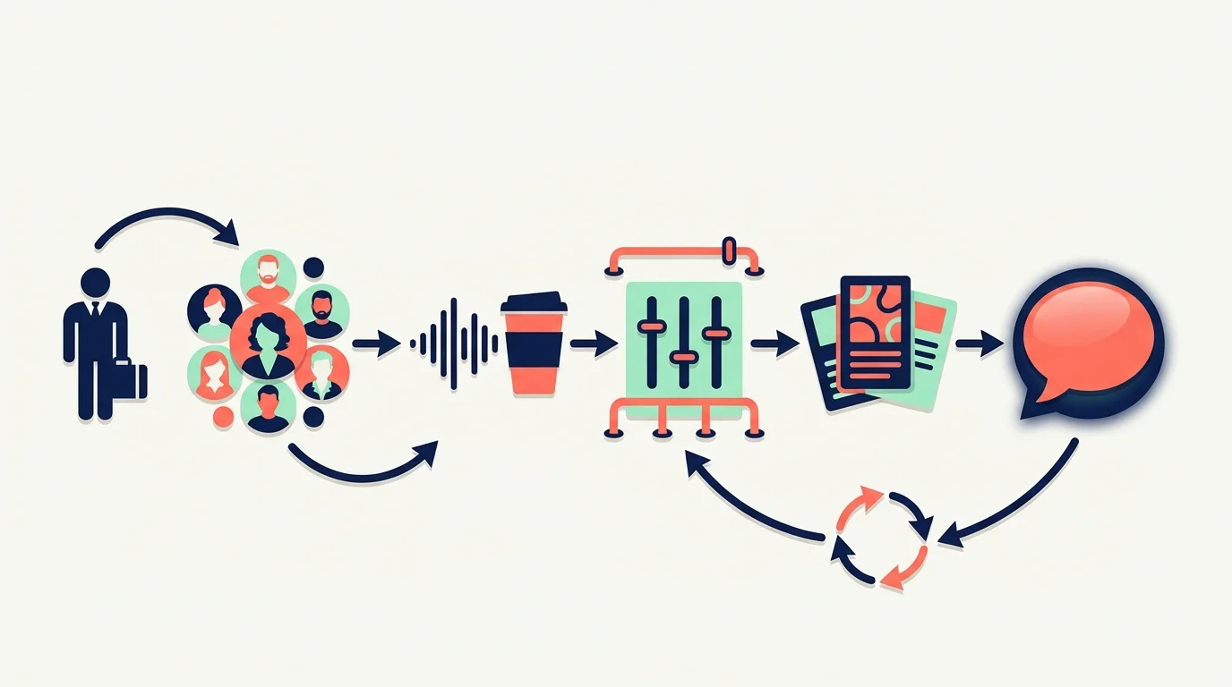Visual pipeline showing stages of building an authentic AI prompt: role, audience, tone, constraints, examples, output, iteration.